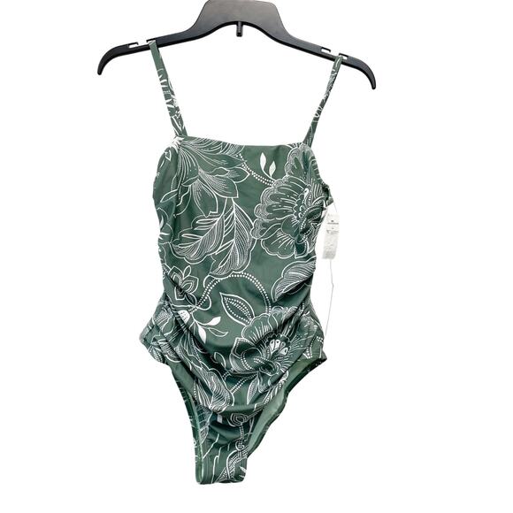 Cupshe Womens Floral Print Shirred Cutout One Piece Swimsuit Olive Green Size XS - Picture 1 of 7